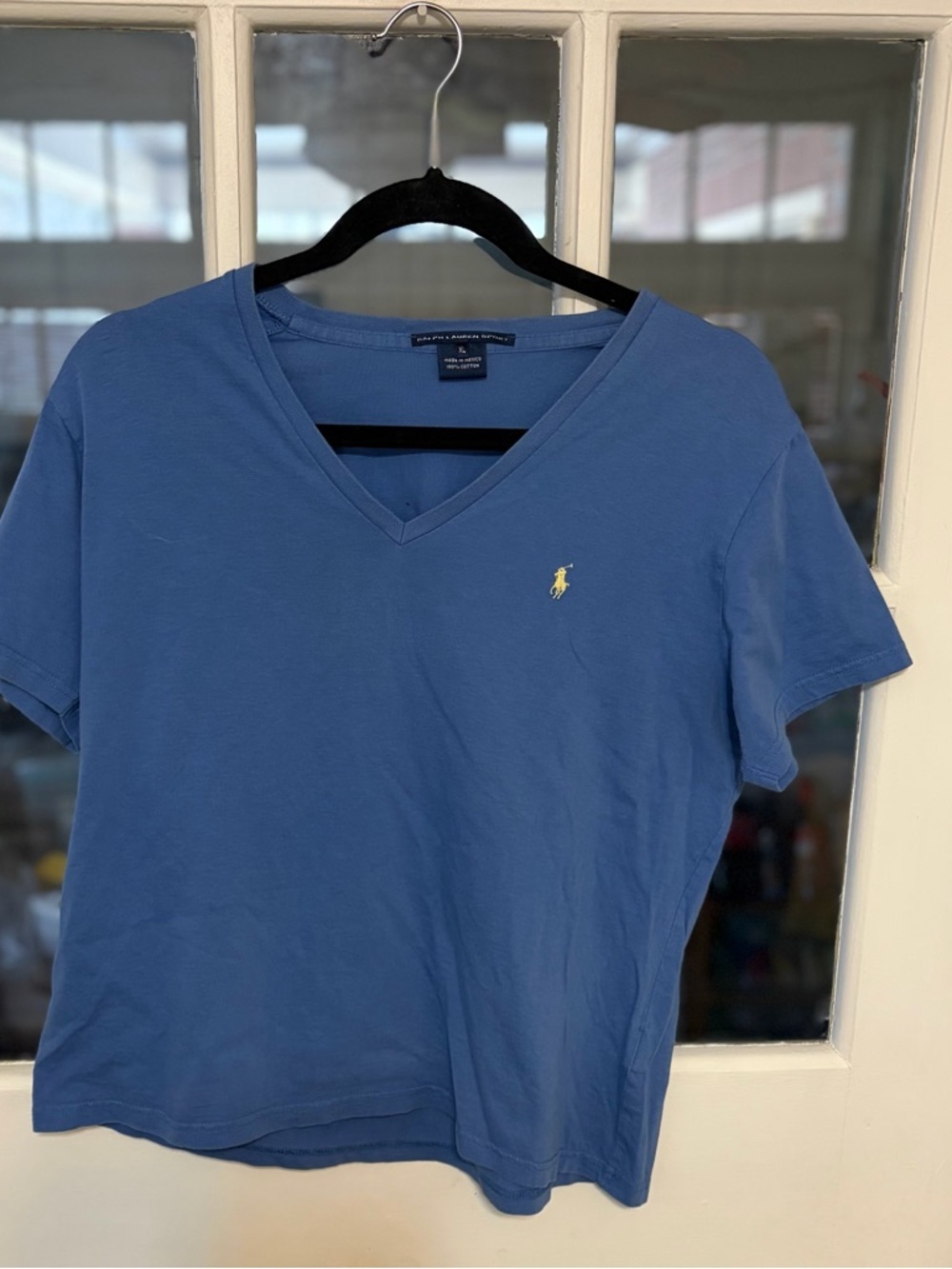 Ralph Lauren V-Neck Tee in Cornflower Blue with Yellow Pony - Picture 2 of 3